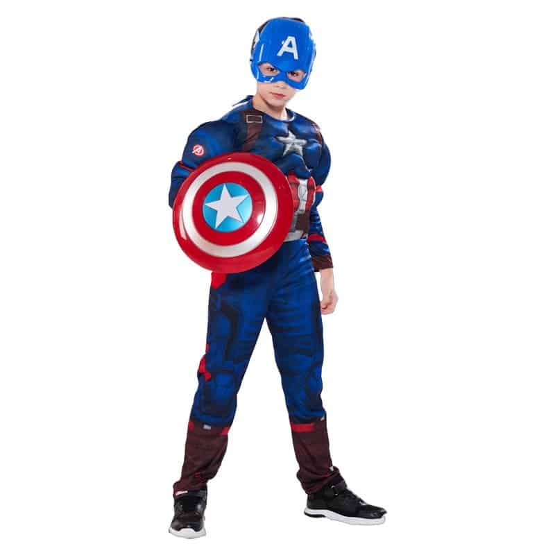 תחפושת קפטן אמריקה שרירי עם מגן מתנפח לילדים – פורים